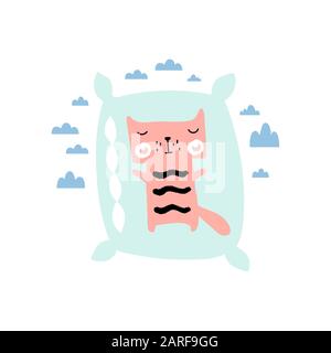 Cute kitten on the pillow. Children print for baby clothes, poster, postcard Stock Vector