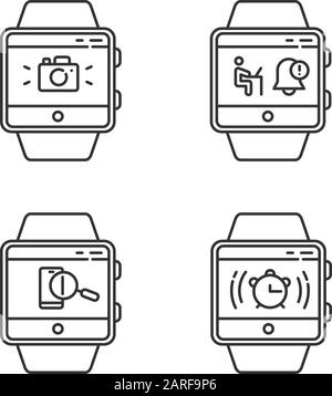 Fitness tracker functions linear icons set. Smartwatch capabilities. Photo, notifications, alarm, find phone. Thin line contour symbols. Isolated vect Stock Vector