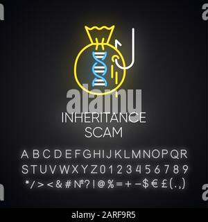Inheritance scam neon light icon. Fake benefactor. Distant relative trick. Financial fraud. Illegal money gain. Phishing. Glowing sign with alphabet, Stock Vector