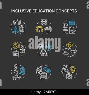 Inclusive education chalk RGB color concept icons set. Individual program. Partial and full inclusion. Specialized teaching idea. VVector isolated cha Stock Vector