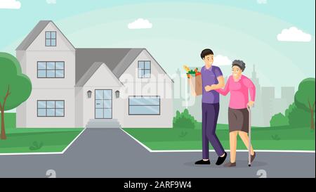 Son helping mother flat vector illustration. Smiling old lady and friendly caregiver walking together cartoon characters. Young man helping aged woman get home, carrying grocery products Stock Vector