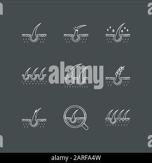 Hair Loss Chalk White Icons Set On Black Background Male Alopecia