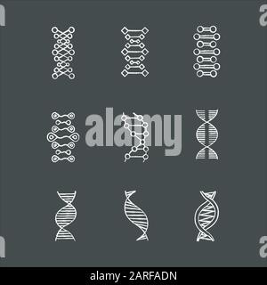 DNA double helix chalk icons set. Deoxyribonucleic, nucleic acid. Spiraling strands. Chromosome. Molecular biology. Genetic code. Genome. Genetics. Me Stock Vector