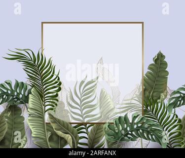 Poster with tropical leaves and gold frame. Vector. Stock Vector