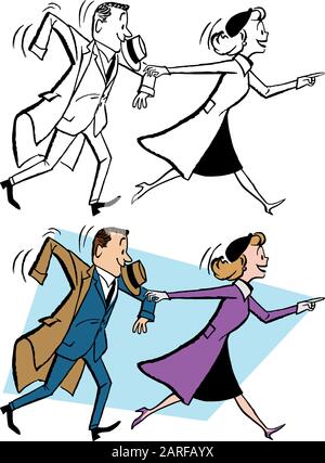 A cartoon of a couple pulling on their coats on their way out the door. Stock Vector