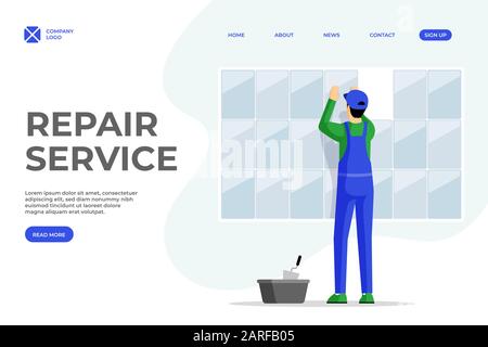 Tile layer services vector landing page template. Repairman fixing tiles to wall cartoon character. Professional workman, handyman, construction work specialist homepage design with text space Stock Vector