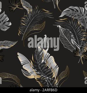 Seamless pattern with black and white tropical leaves and golden elements. Vector. Stock Vector