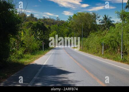 This unique photo shows a country road which runs through the wild jungle of Thailand and ends with a right turn. You can see the green nature Stock Photo