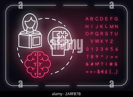 Memory neon light concept icon. Receiving and storing information. Brain informational processing idea. Outer glowing sign with alphabet, numbers and Stock Vector