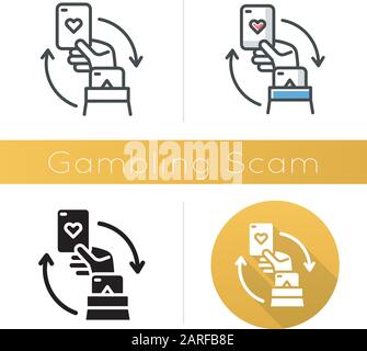 Gambling scam icon. Money betting, risk taking. Cheating in casino. Hand holding card. Cybercrime. Fraudulent scheme. Flat design, linear and color st Stock Vector