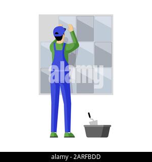 Tile layer at work vector illustration. Professional repairman fixing tiles to wall cartoon character. Skilled workman, handyman, construction work specialist decorating vertical interior surfaces Stock Vector