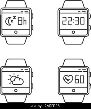 Fitness tracker functions linear icons set. Smartwatch wellness services. Tracking heart rate, sleep monitoring. Thin line contour symbols. Isolated v Stock Vector