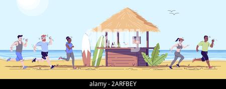 People jogging at seaside flat doodle illustration. Runners going past beach bar. Tourists doing sports on seashore. Indonesia tourism 2D cartoon char Stock Vector