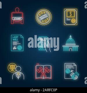 Notary services neon light icons set. Apostille and document legalization. Stock certificate. Bill. Supreme court. Legal code. Signs with outer glowin Stock Vector