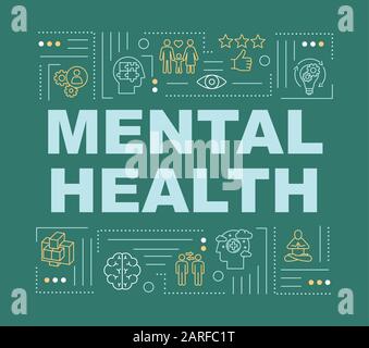 Mental health word concepts banner. Happy healthy mind. Joyful life. Infographics with linear icons on dark green background. Isolated typography. Vec Stock Vector