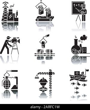 Industry types drop shadow black glyph icons set. Energy, tobacco production, education, filmmaking, pharmacology, chemical industry, arms manufacturi Stock Vector