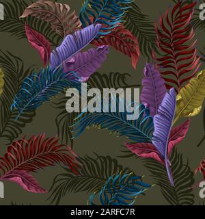 Seamless pattern with colorful tropical leaves on dark background. Vector. Stock Vector