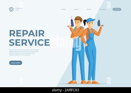 Handyman services flat vector homepage template. Repairmen holding electric drill cartoon characters. Professional construction experts, workmen and engineers team promo webpage layout Stock Vector