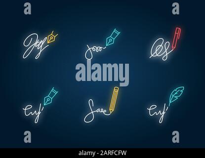 Signatures neon light icons set. Handwriting. Autograph. Proof of identity. Evidence of consent. Legal paper. Signs with outer glowing effect. Vector Stock Vector