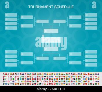 Football match schedule. Tournament chart for groups and teams. Football cup final round with all national flags of the world. Vector illustration. Stock Vector