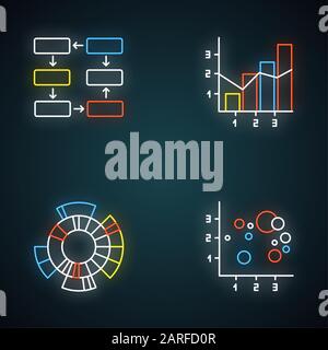 Chart and graph neon light icons set. Data connection and wiring. Process steps,. Mixed chart. Sunburst radial diagram. Scatter bubble chart. Business Stock Vector