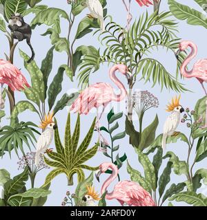 Seamless pattern with jungle trees, flamingo and parrots. Vector. Stock Vector