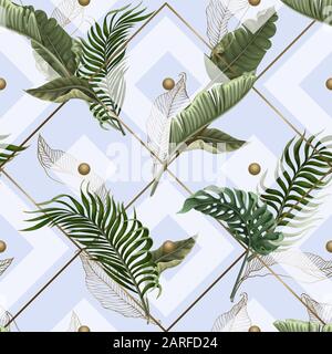 Seamless pattern with tropical leaves, gold and geometrical elements. Vector. Stock Vector