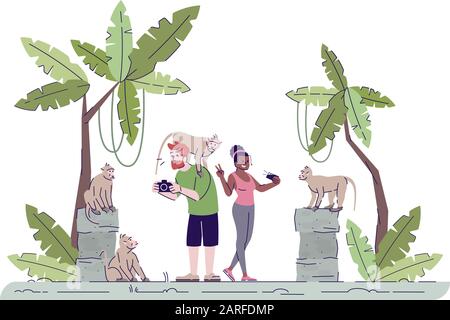 Tourists taking photos flat doodle illustration. Couple photographing primates. Monkey forest. Vacation in tropical country. Indonesia tourism 2D cart Stock Vector