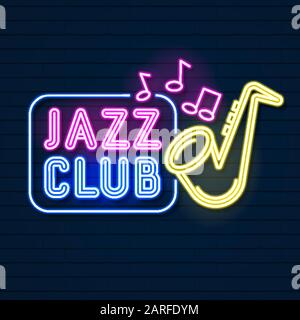 Neon Music Jazz Sign On A Dark Background. Vector Stock Vector