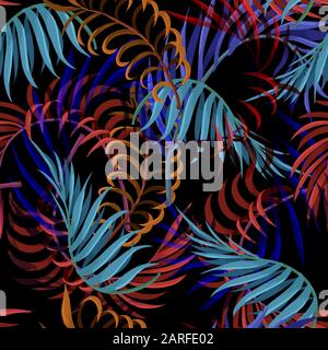 Seamless pattern with blue, red and orange palm leaves. Vector. Stock Vector