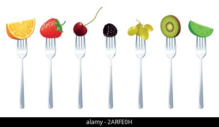 juisy raw fruits on the forks Stock Vector