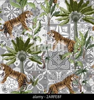 Seamless pattern with tigers and tropical trees. Vector. Stock Vector