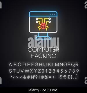 Computer hacking neon light icon. Illegal access gain. Security breach. Malware, ransomware. Phishing, cybercrime. Glowing sign with alphabet, numbers Stock Vector