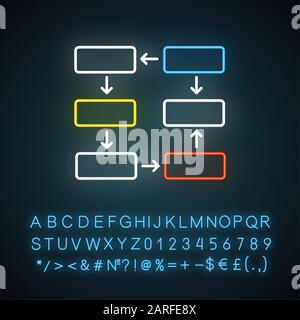 Connection diagram neon light icon. Wiring chart. Progress stages. Network diagram. Closed cycle report. Glowing sign with alphabet, numbers and symbo Stock Vector