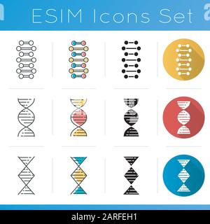 DNA spirals icons set. Deoxyribonucleic, nucleic acid helix. Spiraling strands. Chromosome. Molecular biology. Genetic code. Flat design, linear, blac Stock Vector