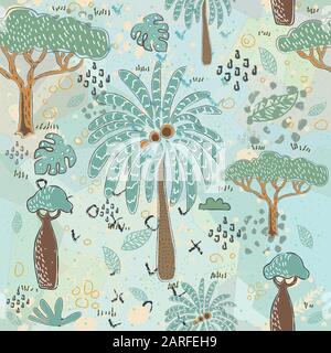 Seamless Pattern with Cute Palms. Scandinavian Hand Drawn Design. Vector Illustration Stock Vector