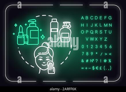 Remove makeup, skin care, hygienic procedure neon light concept icon. Face cleaning, purification idea. Outer glowing sign with alphabet, numbers and Stock Vector