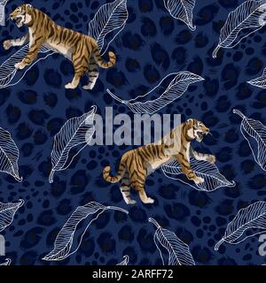 Seamless pattern with tigers and leaves. Vector. Stock Vector