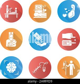 Medical procedure flat design long shadow glyph icons set. Prosthetics. Ultrasound diagnostic. Pregnancy, pediatrics. Homeopathy. Blood test. Brain sc Stock Vector
