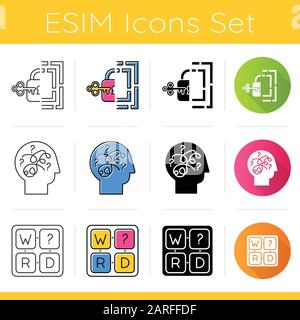 Puzzles and riddles icons set. Maze, key-lock, missing letter puzzle. Puzzled mind. Logic game. Mental exercise. Brain teaser. Flat design, linear, bl Stock Vector