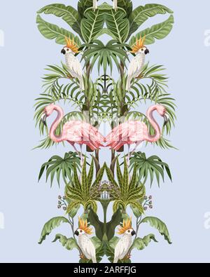 Seamless border with jungle trees, flamingo and parrots. Vector. Stock Vector
