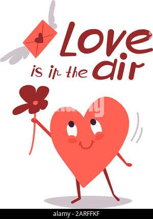 Cute vector illustration isolated on white. Happy smiling heart with a flower. Love letter in a flying envelope. Modern lettering. Love is in the air Stock Vector