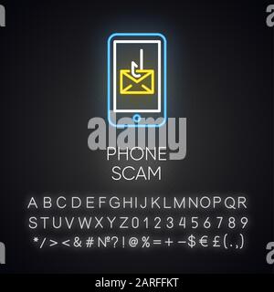 Phone scam neon light icon. Communications fraud. One-ring trick. Smishing, SMS phishing. Telephone scamming. Glowing sign with alphabet, numbers and Stock Vector