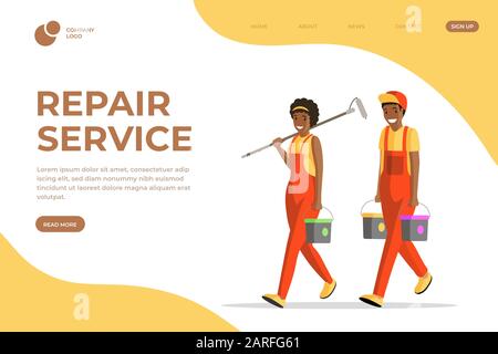Repair service vector landing page template. Professional house painters, workmen and handymen in overalls cartoon characters. Apartment renovation company services website page layout Stock Vector