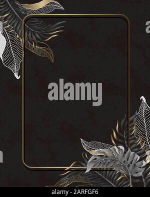 Poster with tropical monochrome leaves and gold frame. Vector. Stock Vector