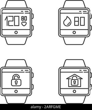 Fitness tracker functions linear icons set. Wristband wellness services. Pulse and heartbeat, water balance, unlock. Thin line contour symbols. Isolat Stock Vector