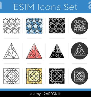 Geometric figures icons set. Geometric ornament. Polygonal triangle. Ornate square. Abstract shapes. Isometric forms. Flat design, linear, black and c Stock Vector