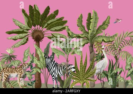 Border with jungle trees and wild birds and animals. Vector. Stock Vector