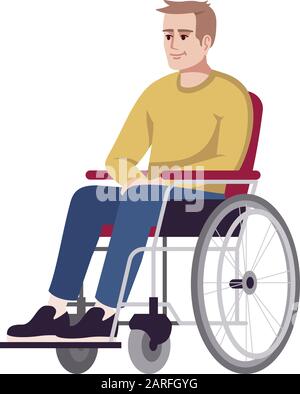 Man in wheelchair semi flat RGB color vector illustration. Disabled, handicapped person. Recovery period. Rehabilitation. Psychology consultation. Iso Stock Vector