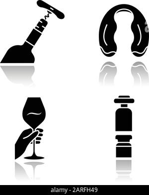 Winery and wine service drop shadow black glyph icons set. Hand holding glass of cocktail. Bottle with corkscrew. Decanter, foil cutter. Barman, resta Stock Vector
